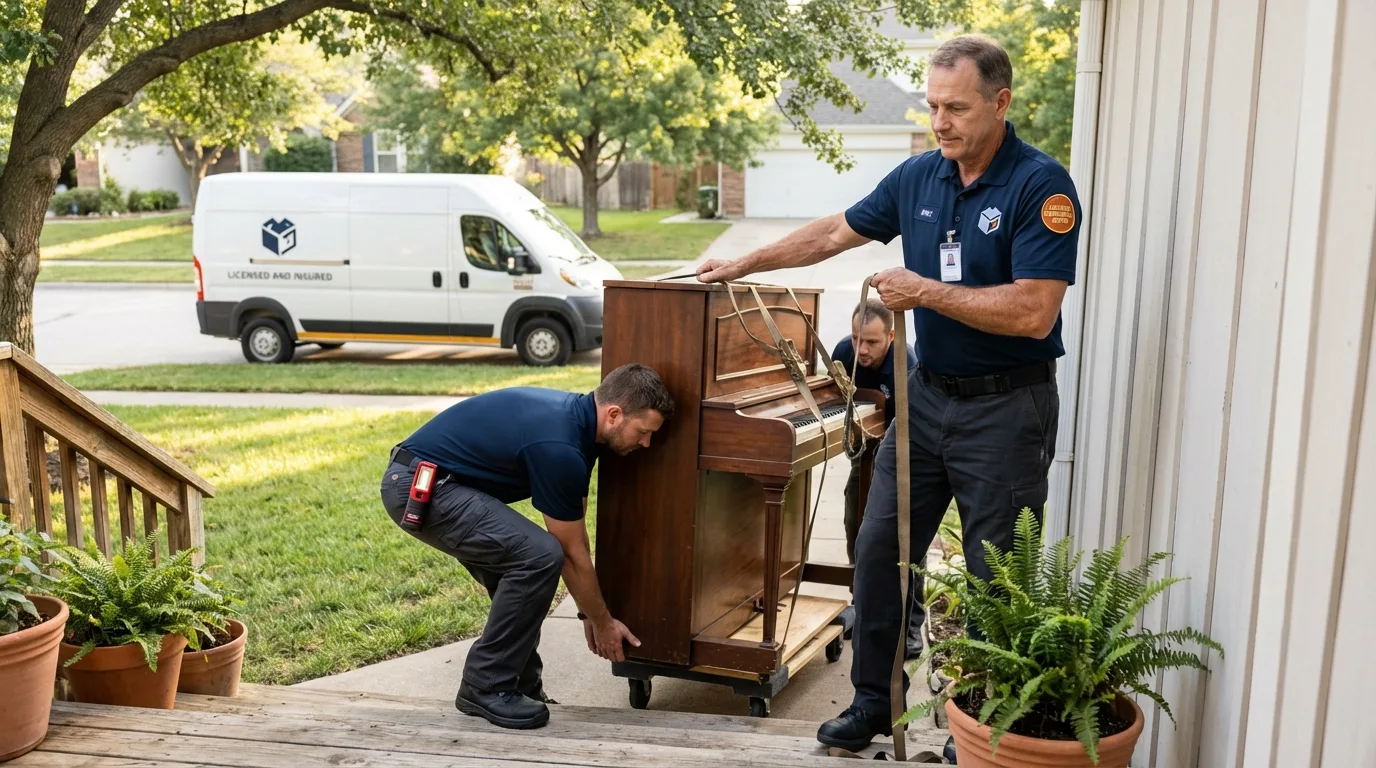 Licensed piano movers securing grand piano in Chester, VA