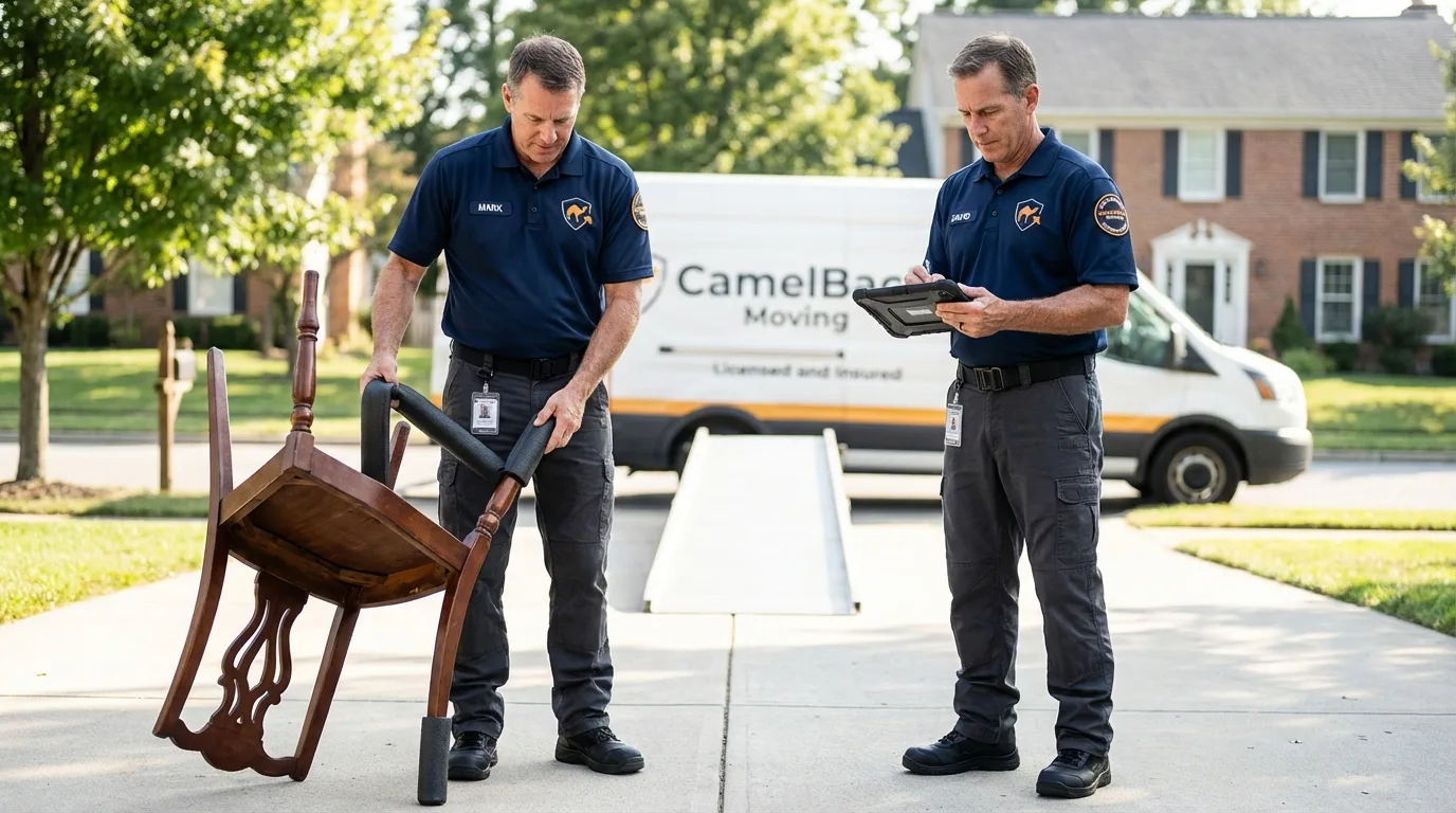 Movers inspecting furniture for damage prevention before loading in Chester, VA