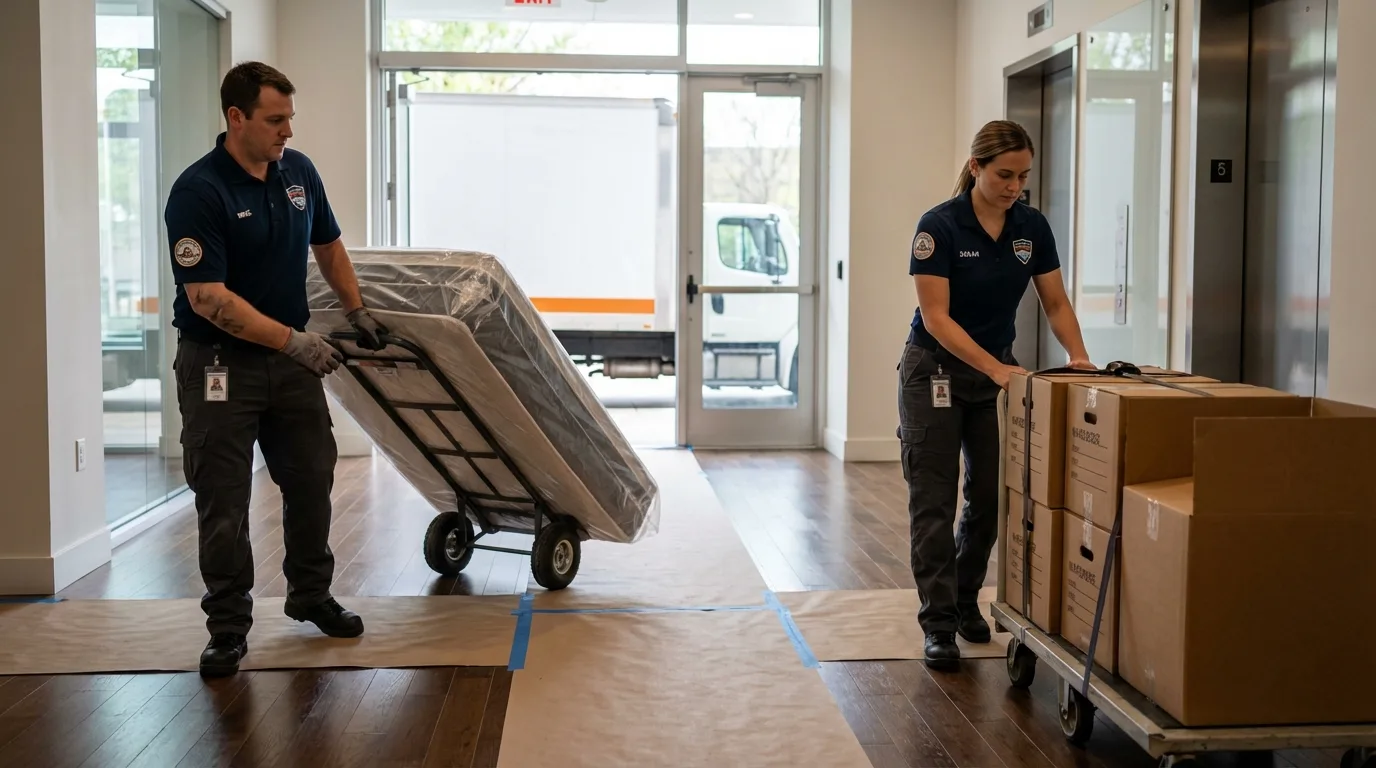 Professional apartment movers loading elevator in Chester, VA