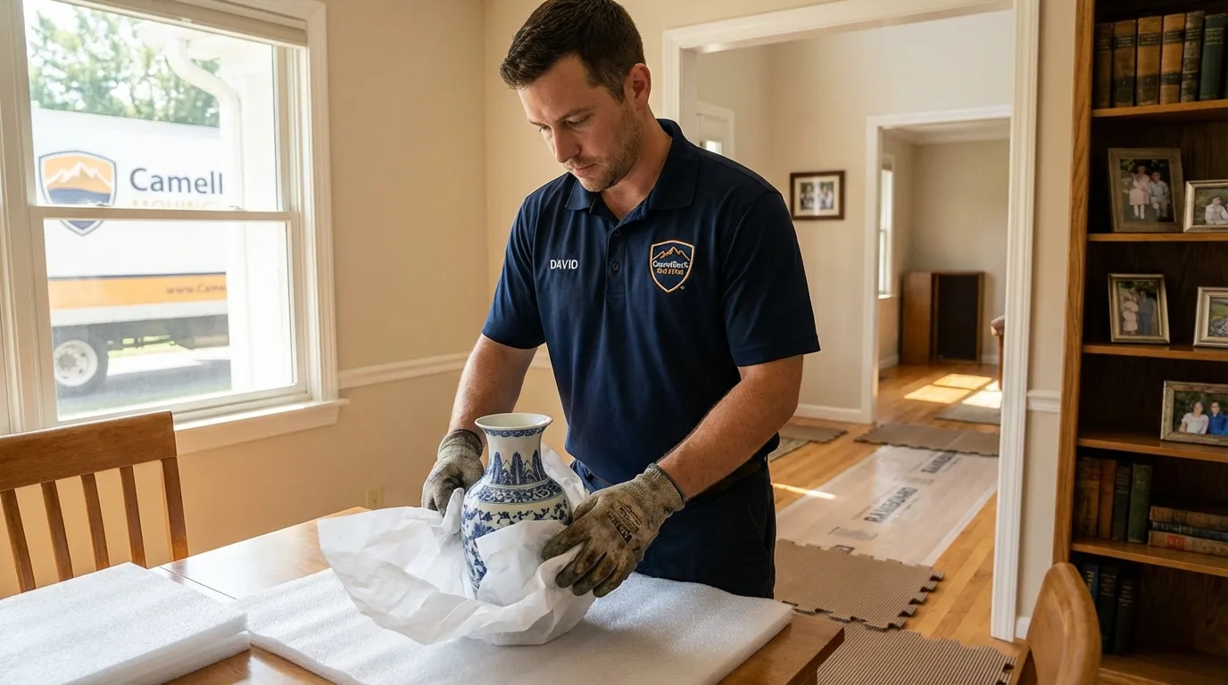 Professional crew carefully wrapping antique vase for senior downsizing move in Chester, VA